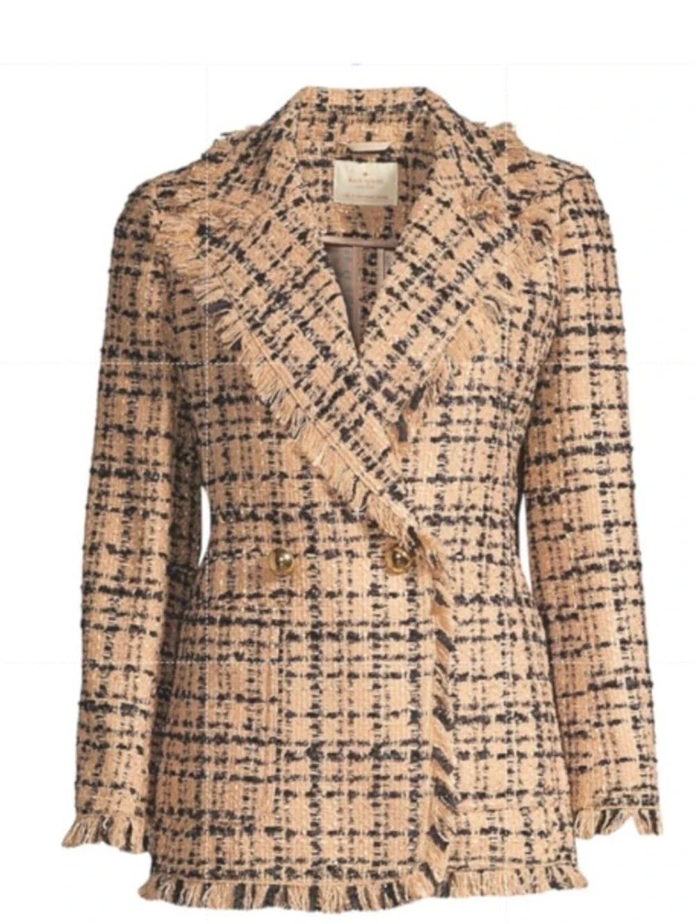 New! Kate Spade Beige and Navy Frayed Plaid Tweed Blazer